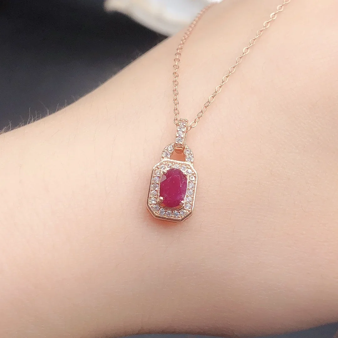 Natural Ruby Gemstone Pendant Necklace Genuine Solid 925 Sterling Silver Women Gift Fine Jewelry
