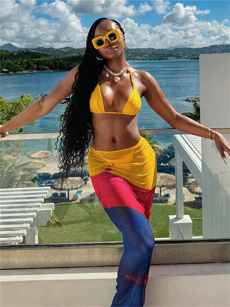 

Macheda Colorful Fashion Women 3 Piece Set Sexy Halter Bra+Briefs+See Through Long Skirts Summer Vacation Beach Party Style Suit