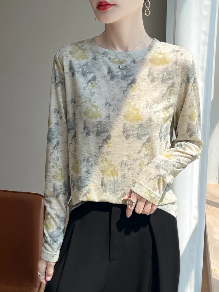 Damska koszulka na wiosnę i lato, długa, lekka warstwa bazowa, artystyczna, swobodna bluzka, wygodna, luźny krój, dzianinowa koszulka.