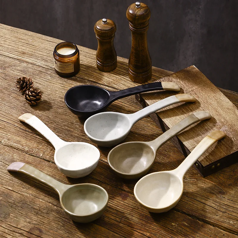 

Handmade Stoneware Soup Spoon Long Handle Ceramic Serving Spoon Creative Large Spoon for Home Kitchen