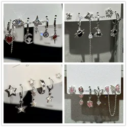 6PCS Set Goth Red Crystal Star Heart Black Pentagram Pendant Earring For Women Vintage Aesthetic Trendy Y2K Jewelry Accessories