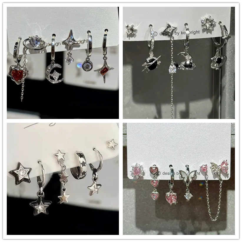 6PCS Zestaw Goth Red Crystal Star Heart Black Pentagram Wisiorek Kolczyk Dla Kobiet Vintage Estetyczny Modny Y2K Biżuteria Akcesoria