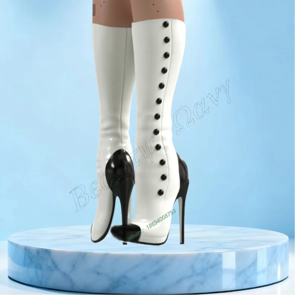 

White Boots Side Black Rivet Decor Patchwork Thin High Spike High Heel Shoes Knee Sexy Women Shoes New Zapatos Para Mujere