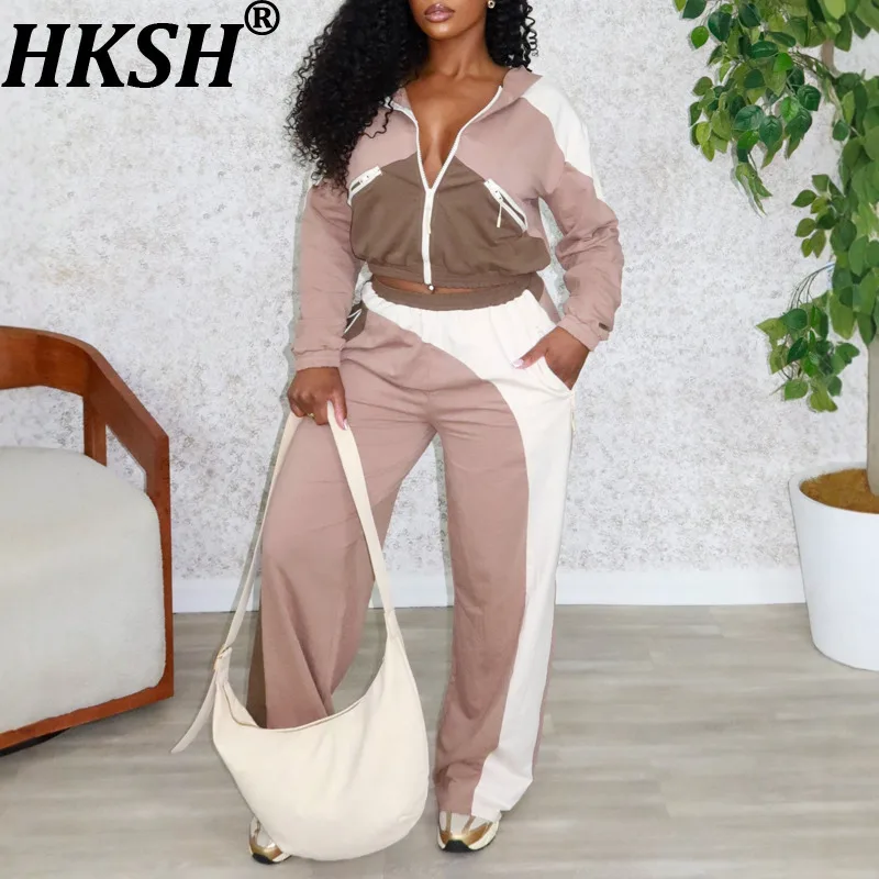 

HKSH Spring Autumn New Women Casual Two Pieces Set Hooded Zipper Color Block Jacket Elastic Waisted Pants Sports Fashion HK17197