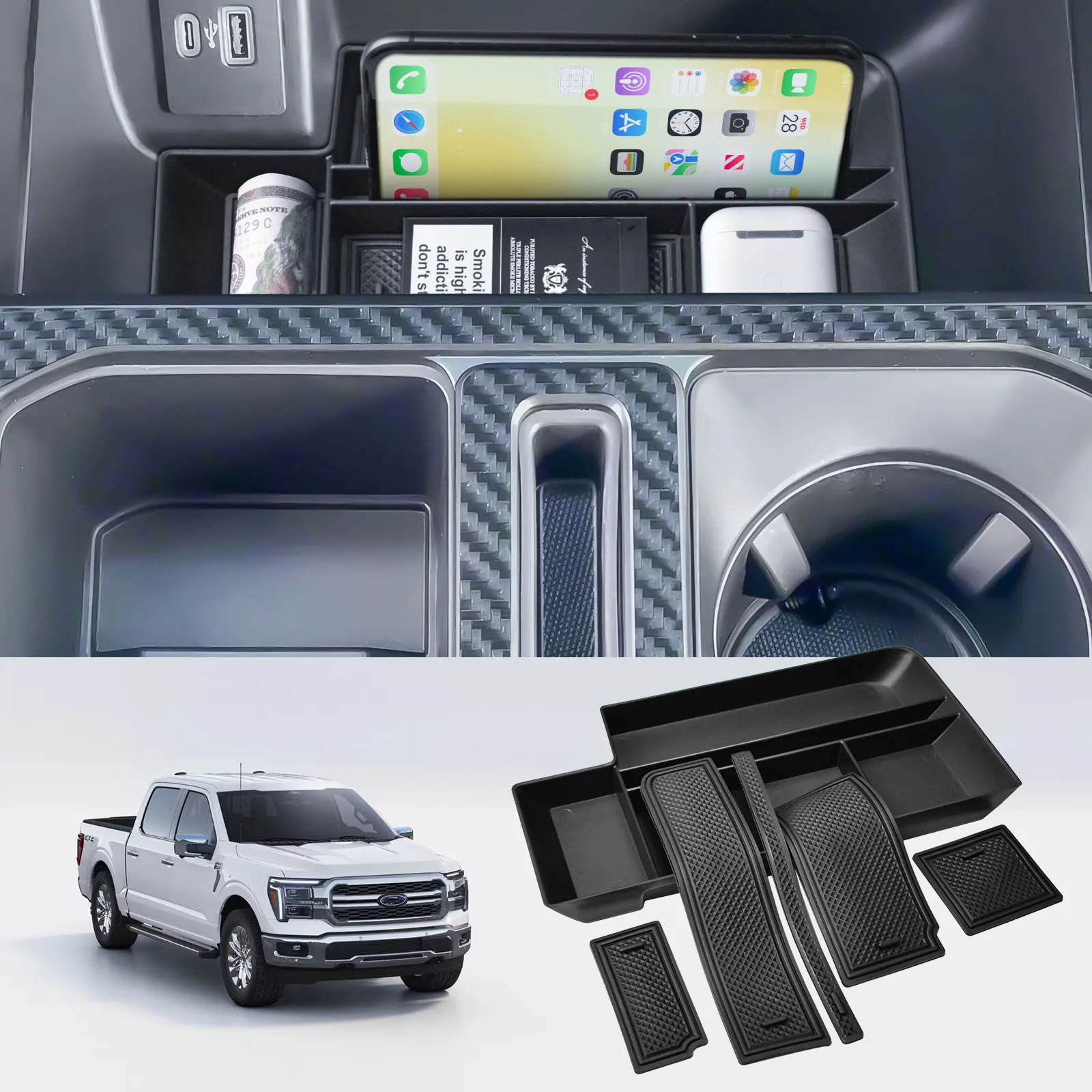 

Middle Center Console Organizer Tray for Ford F150 2021 2022 2023 2024 2025 & Lightning XLT 2022-2025 Secret Pocket Lid Car Box