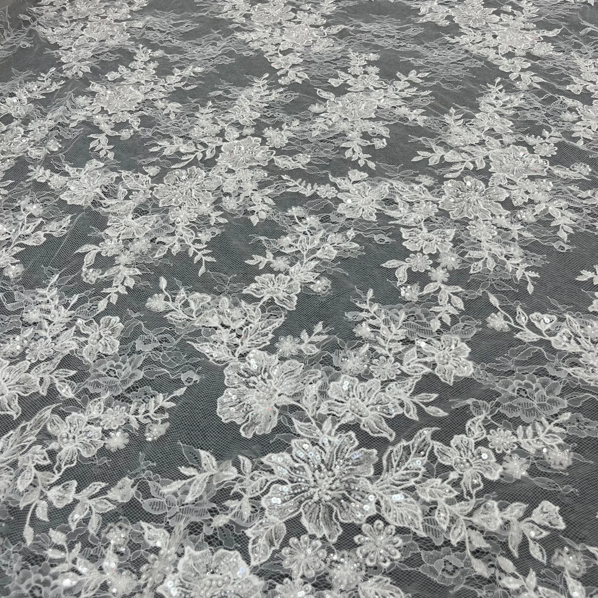 New Exquisite Sequin and Bead French Lace Embroidery Fabric Suitable for Wedding Dress Design