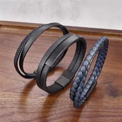 Men's Black Genuine Leather Bracelet Classic Stainless Steel Insert Double-layer Braid Bangles For Men Friend Wholesale Customiz