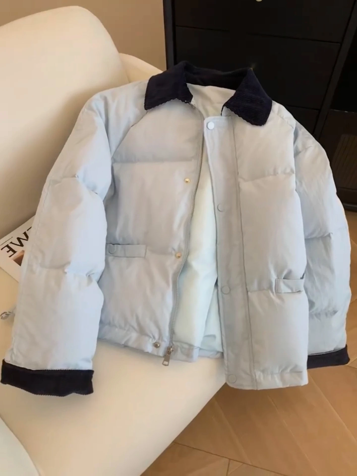 

Korean Style Blue Stand Collar Patchwork down Cotton Jacket Women's Short Thick Warm Bread Style Coat Winter Outerwear