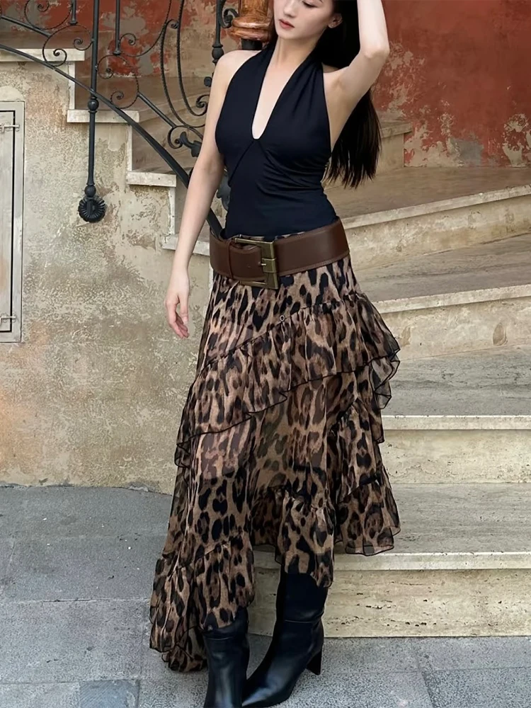 Letnia marszczona spódnica warstwowa damska w panterkę z wysokim stanem, elastyczna, w stylu spicy girls, modny trend, dziki streetwear