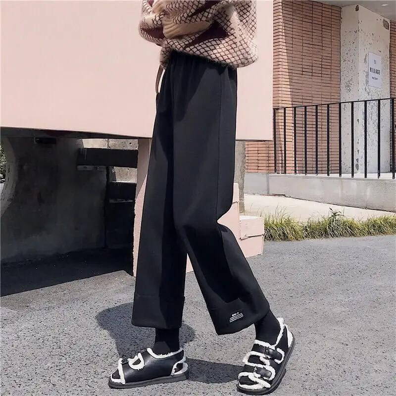 Korean Version 2024 New Women's Autumn Winter Spliced Elasticized High-waisted Pocket Fashion Solid Color Loose Casual Pants