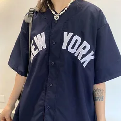 american vintage letter print shirts baseball cardigan khaki navy short sleeve tops summer casual teenage blouses harajuku 2023