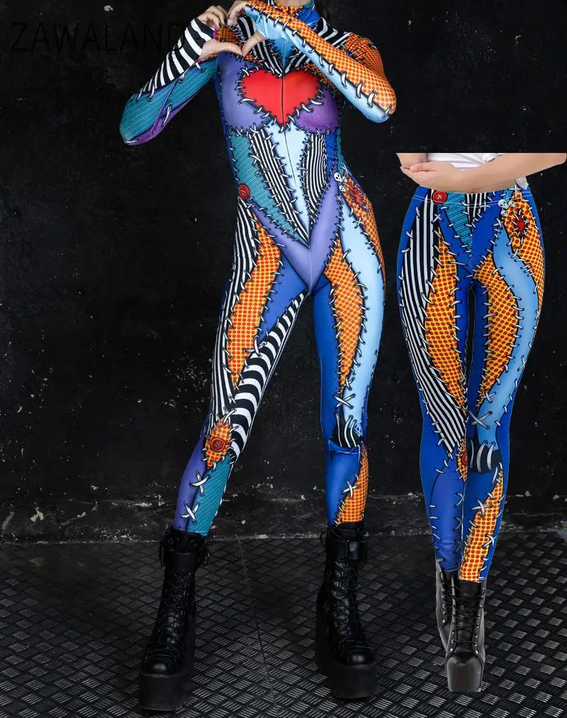 Zawaland Women Sexy Zentai Jumpsuits Skinny Leggings Catsuit Halloween Rag Doll Party Stage Performance Clown Cosplay Costume