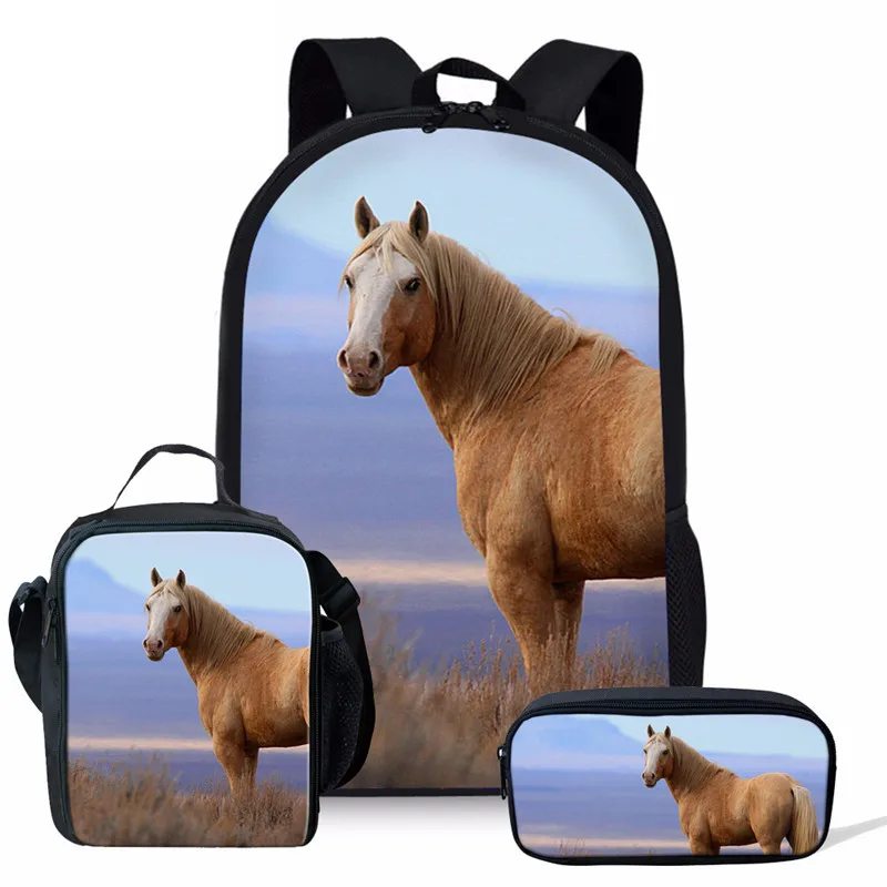 Harajuku Novelty Cool Horse 3D Print 3pcs/Set pupil School Bags Laptop Daypack Backpack Lunch bag Pencil Case