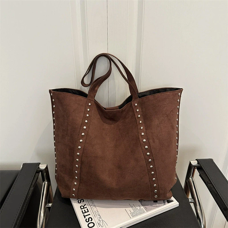 Frosted PU Rivet Tote Bag,Metal Studded Women Casual Shoulder Bag,Vintage Large Capacity Fall Winter Work Travel Commute Handbag