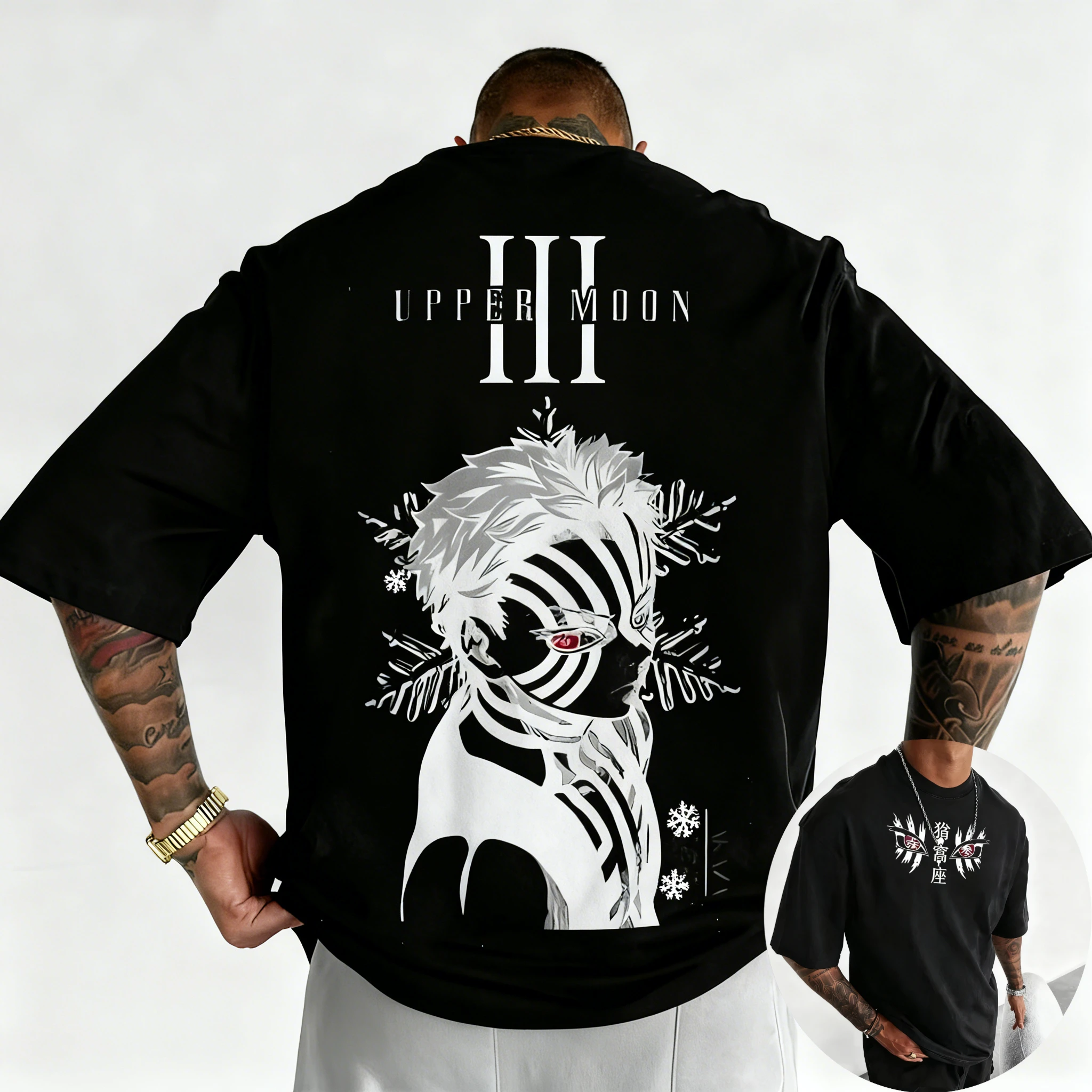 Sommer Herren T-Shirt Demon Slayer Akaza Anime-Print Muster Übergröße Eltern-Kind-Oberteil Vielseitige Mode Streetwear Y2K Harajuku