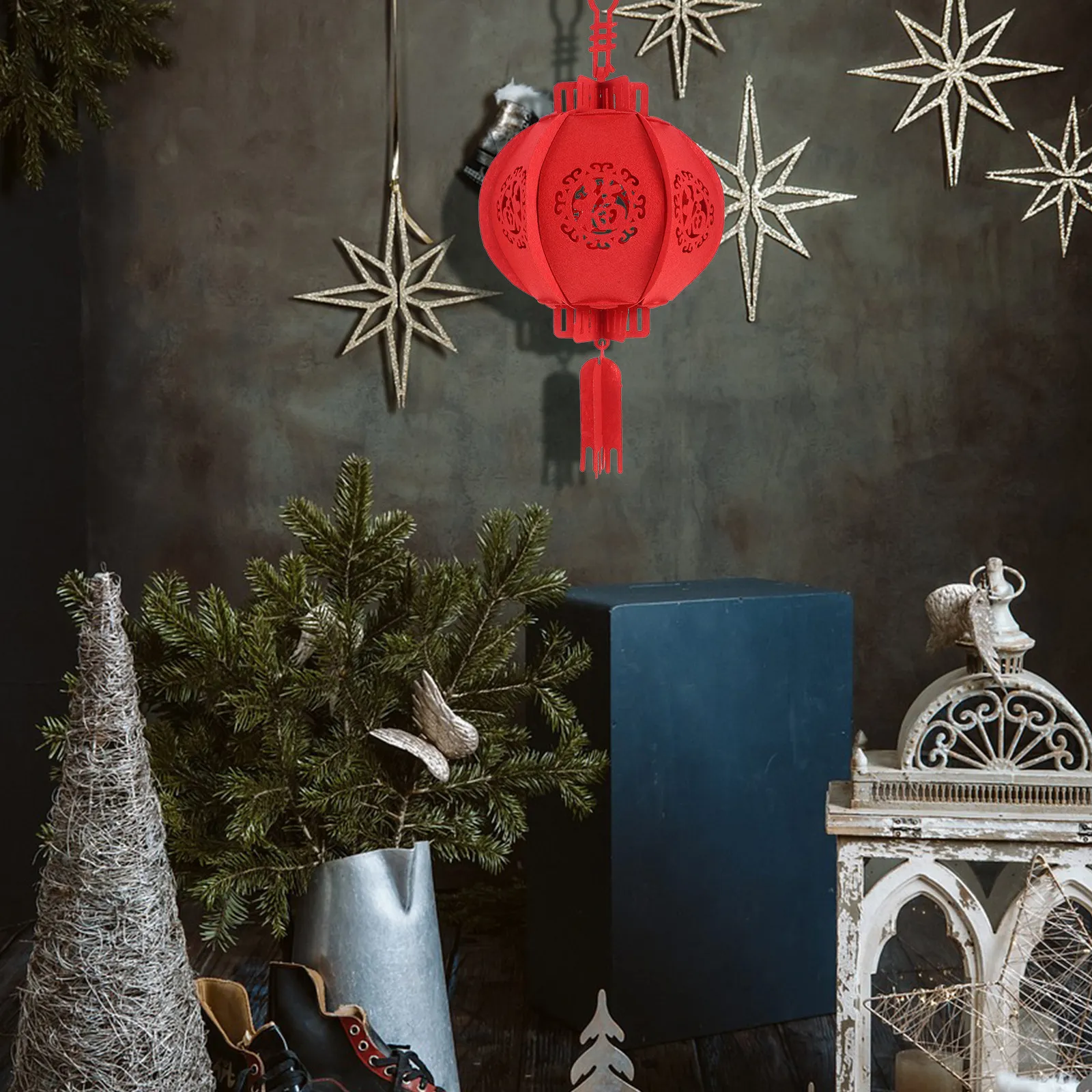 2Pcs Chinese Hanging Lantern Red Hollow Lantern Pendants New Year Decoration Spring Festival Front Door Wall Ornament Festival