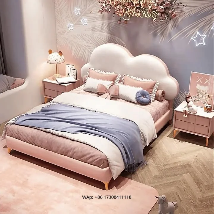 Kids Bed with Cloud  Shaped Headboard Pink & White Upholstered Bed  Bedroom Soft Cushioned Cute Design