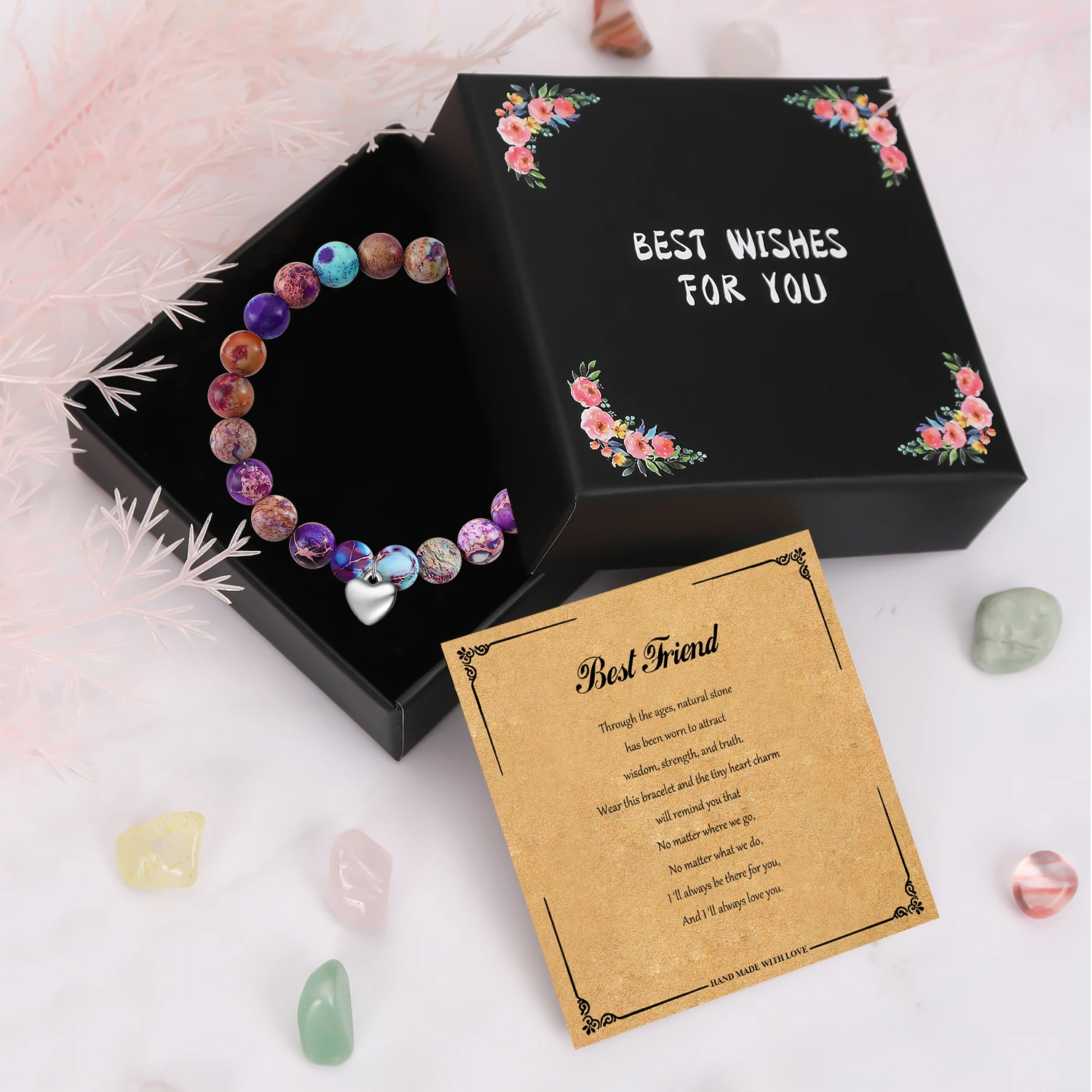 1PC Ideal Christmas Gift for Best Friends Peach Heart Bracelets with Gift Box & Blessing Card, Dainty Bracelet Gift for Friends