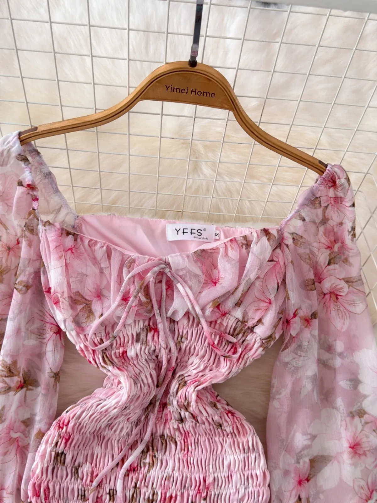 Early Autumn Floral Print Chiffon Dr Long Sve Vintage Sweet Lace Hem Fi Tail Skirt Wrap ort Skirt Korean Sle Commute