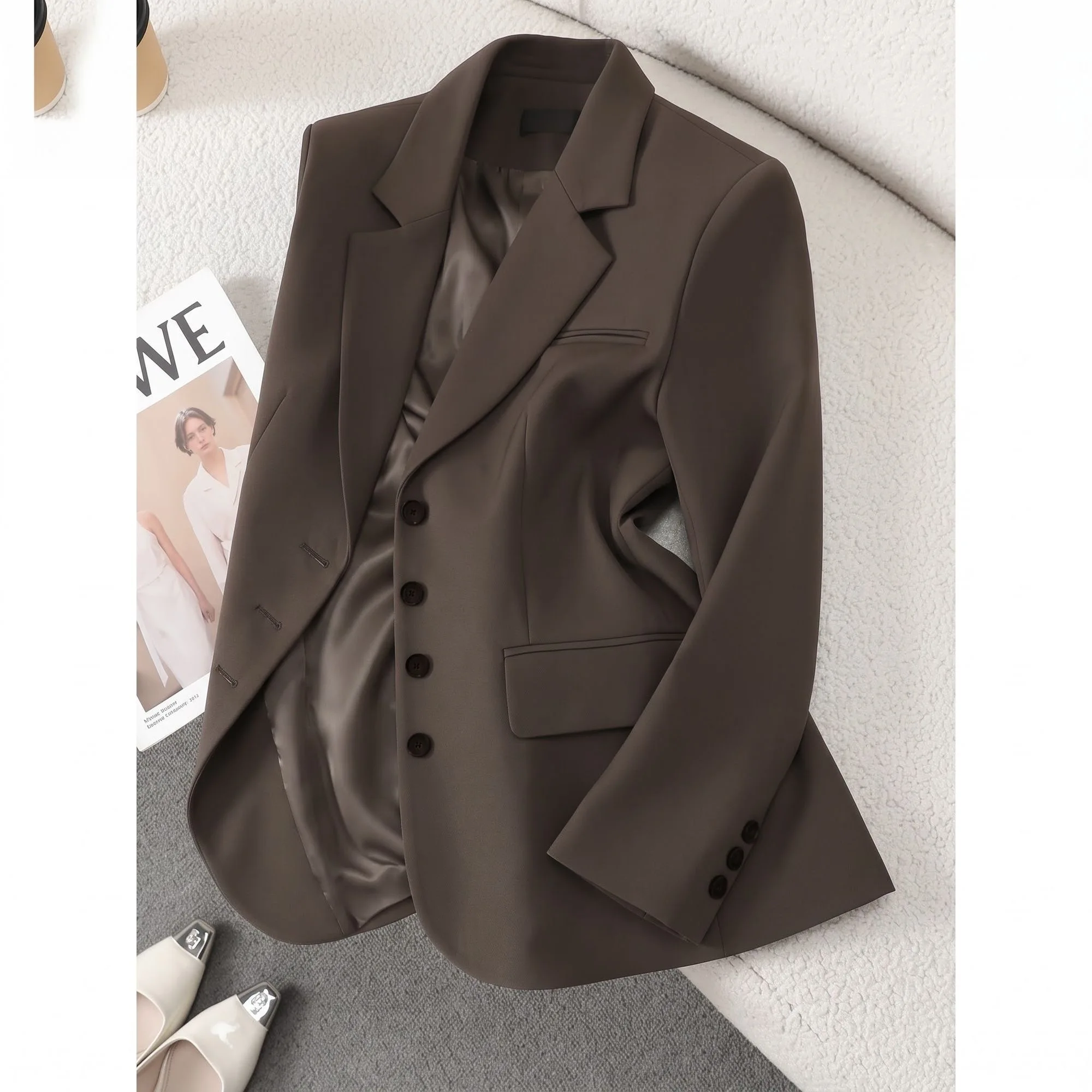 Loose Korean Style Coffee Color Suit Jacket Women's Fashion Single Button Spring Autumn Commuting Professional Outerwear