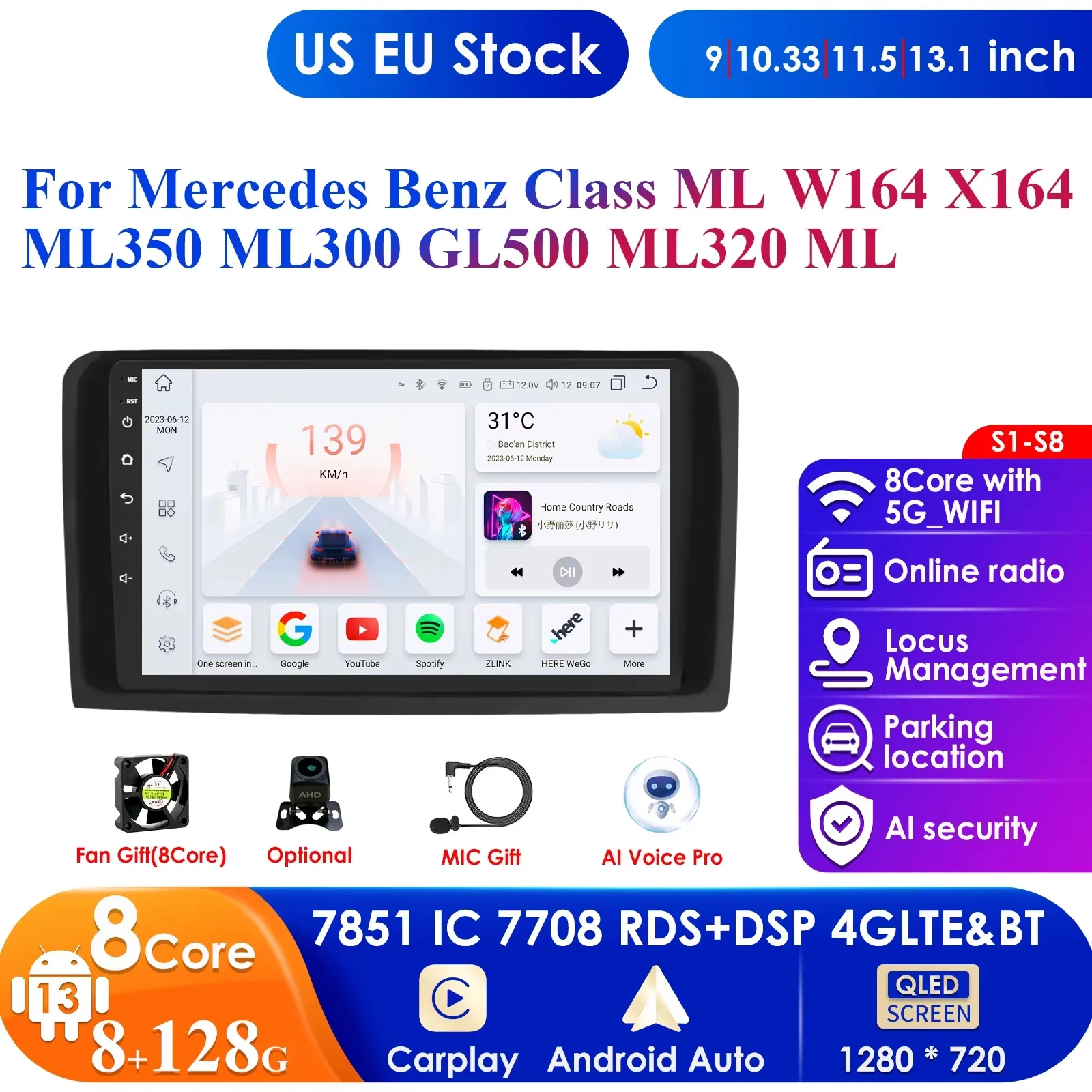 

Android 13 Car Radio for Mercedes Benz X164 GL Class ML W164 ML500 Multimedia Video Player Navigation GPS Carplay QLED Screen 4G
