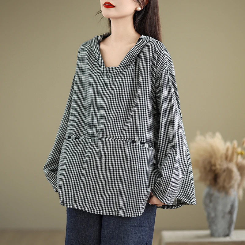 Loose Fit Plaid Cotton Linen Artistic irt Damen Plus Size T-Shirt Schlankheitsoberteil Doppellagige Baumwolle Tead Long Sve