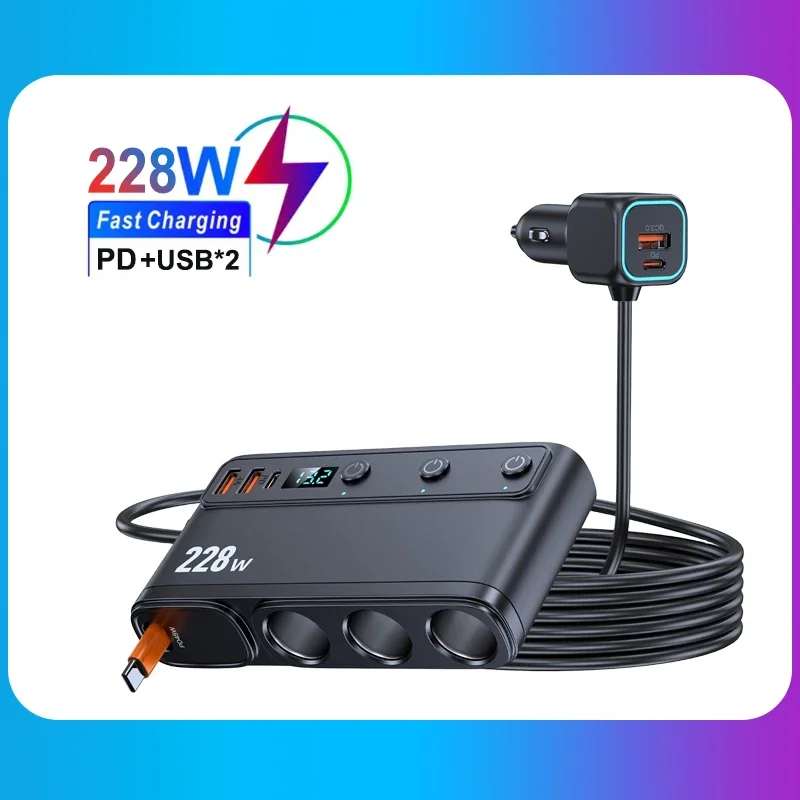 228W Autoladegerät Adapter 9 in 1 PD 3 Steckdose Zigarettenanzünder Splitter Ladung Unabhängige Schalter 12V 24V Schnellladegerät