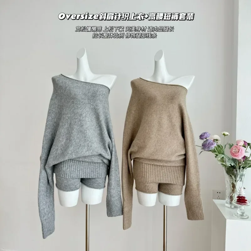 Korean Fashion Women Knitted Two Piece Sets Slash Neck Off Shoulder Long Sleeve Sweaters + Slim Knitting Shorts Sets Outfits