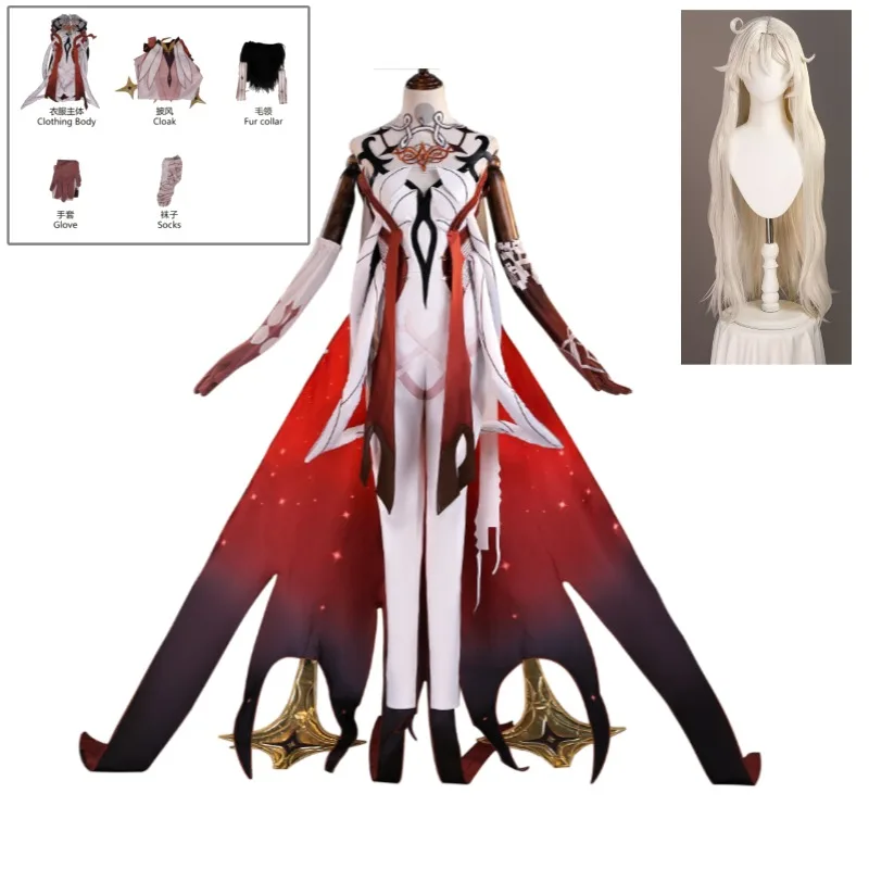 

Genshin Impact Asmoday Cosplay Costume Sustainer of Heavenly Principles White Gold Dress Cube Pattern Gloves For Women Halloween
