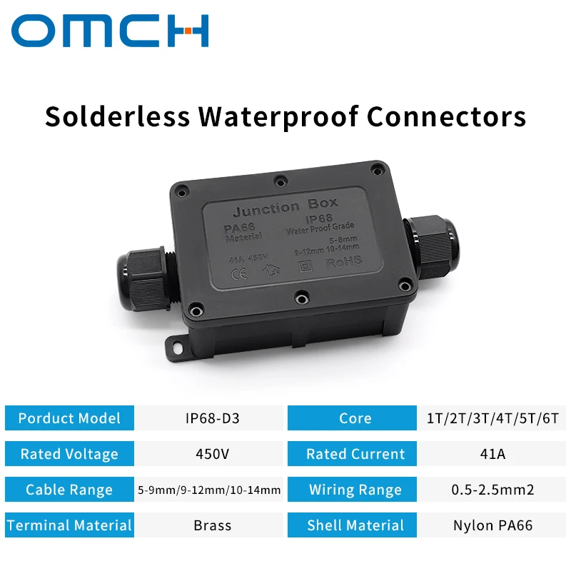 OMCH BOX-D3 IP68 Junction Box 1-6Way Connector 450V 41A 3-Gaskets 5-9mm 9-12mm 10-14mm Entry Cable Enclosure with Terminal Block 6