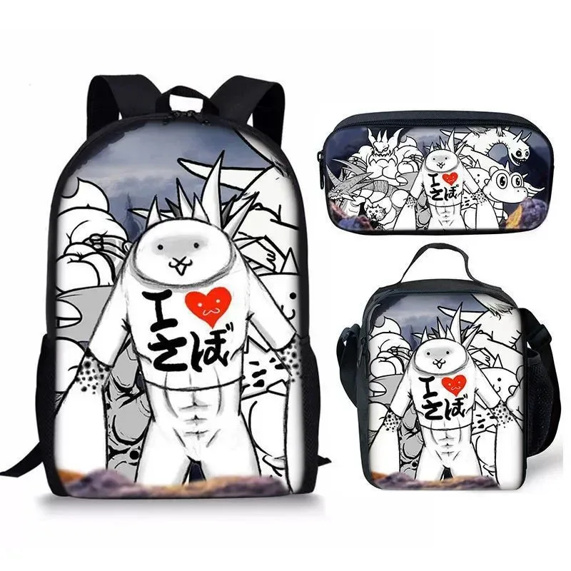 25COSThe Game Battle Cats حقيبة ظهر مدرسية حقيبة غداء مقلمة مجموعة للأطفال الطلاب