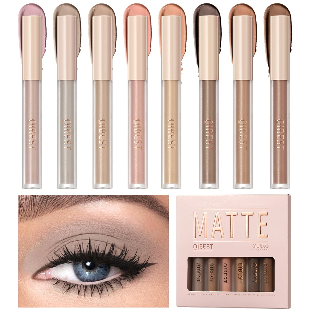 QIBEST 8 Color Matte Liquid Eyeshadow Set Long Lasting Waterproof Eye Shadows Quick-drying Nude White Eyeshadow Makeup Cosmetics