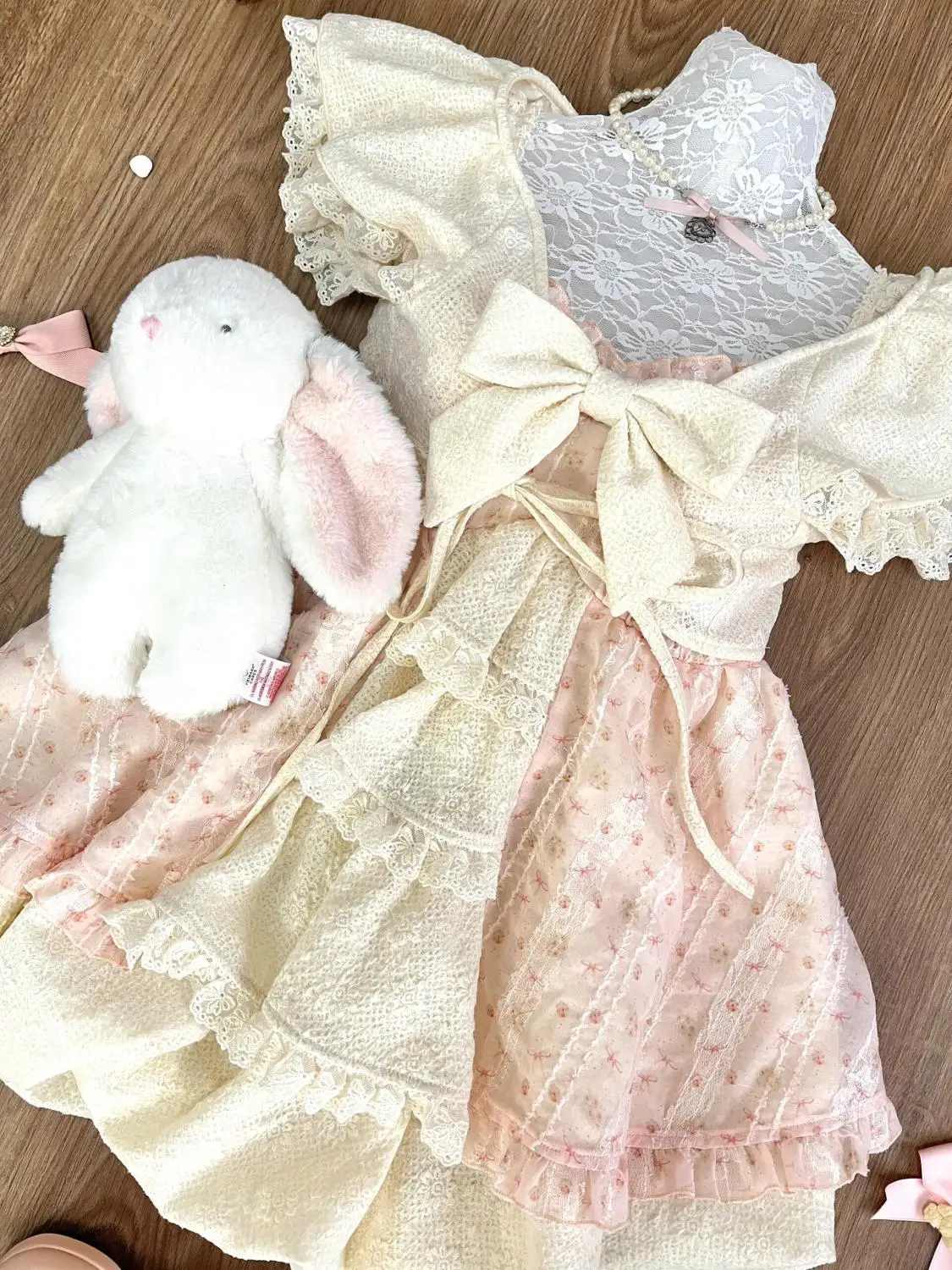 Doce lolita arco vestido de renda feminino manga puff plissado saia em camadas estilo princesa vintage cottagecore fairycore kawaii outfits