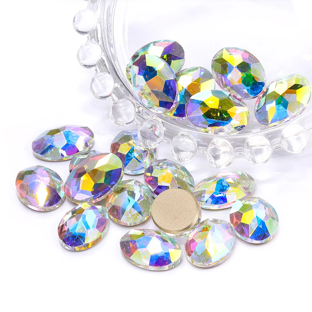 QIYI Oval Non Hotfix Glitter Glass  Golden Bottom  Flatback RhinestoneOn Crystal Stones for DIY Clothing