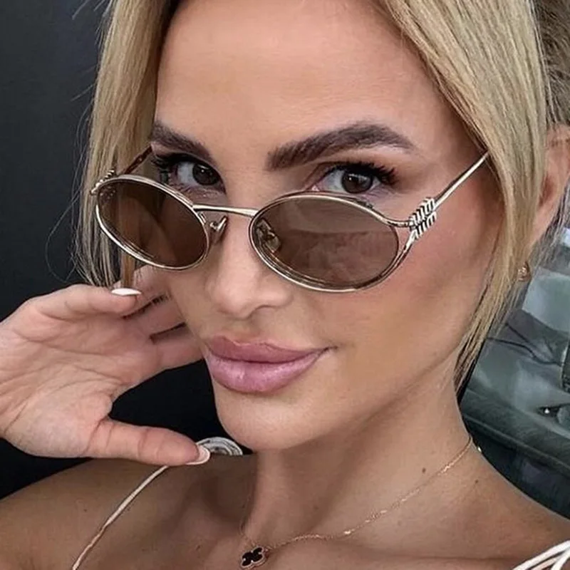 Gafas de sol ovaladas de diseñador de marca de lujo para mujer, gafas de sol redondas pequeñas con marco de Metal sexis, gafas elegantes para mujer, gafas UV400