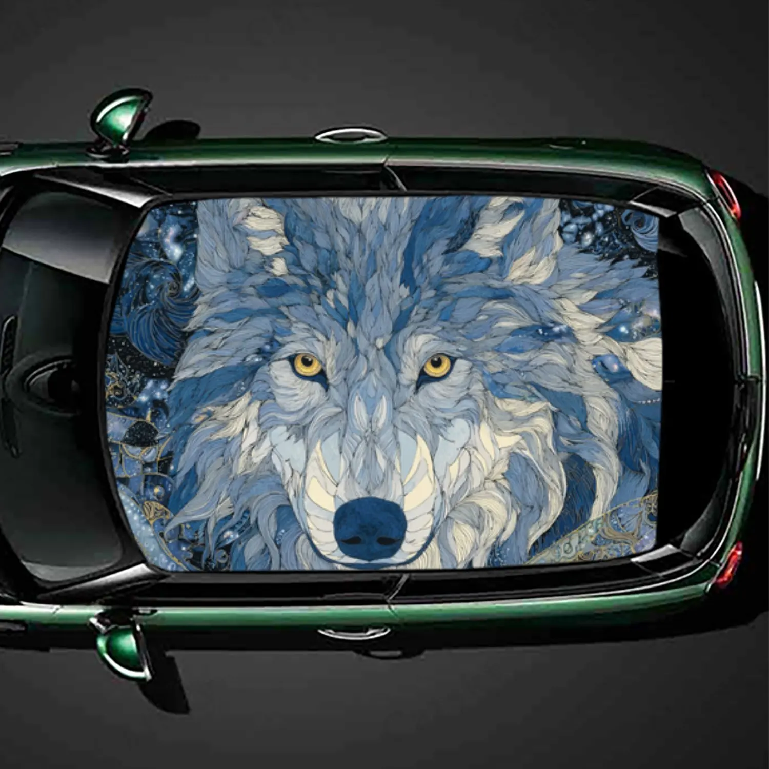 

Виниловая наклейка на крышу автомобиля с синим узором и волком, автонаклейка, художественное украшение автомобиля, самоклеящаяся водонепроницаемая наклейка на внешний вид автомобиля A
