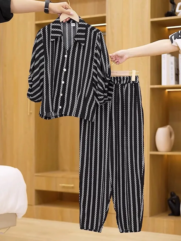 Plus Size Cool Ice Silk Two-Piece Set Summer Casual Wear for Women Large Size Faionable Commute Sle High Waist Nine-Piece Pants