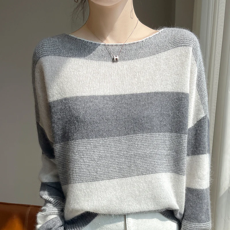 Womens 100 Merino Wool Sweater Soft Striped Knit Casual Long Sleeve Pullover Autumn Winter Comfort Top Blouse Women's sweater