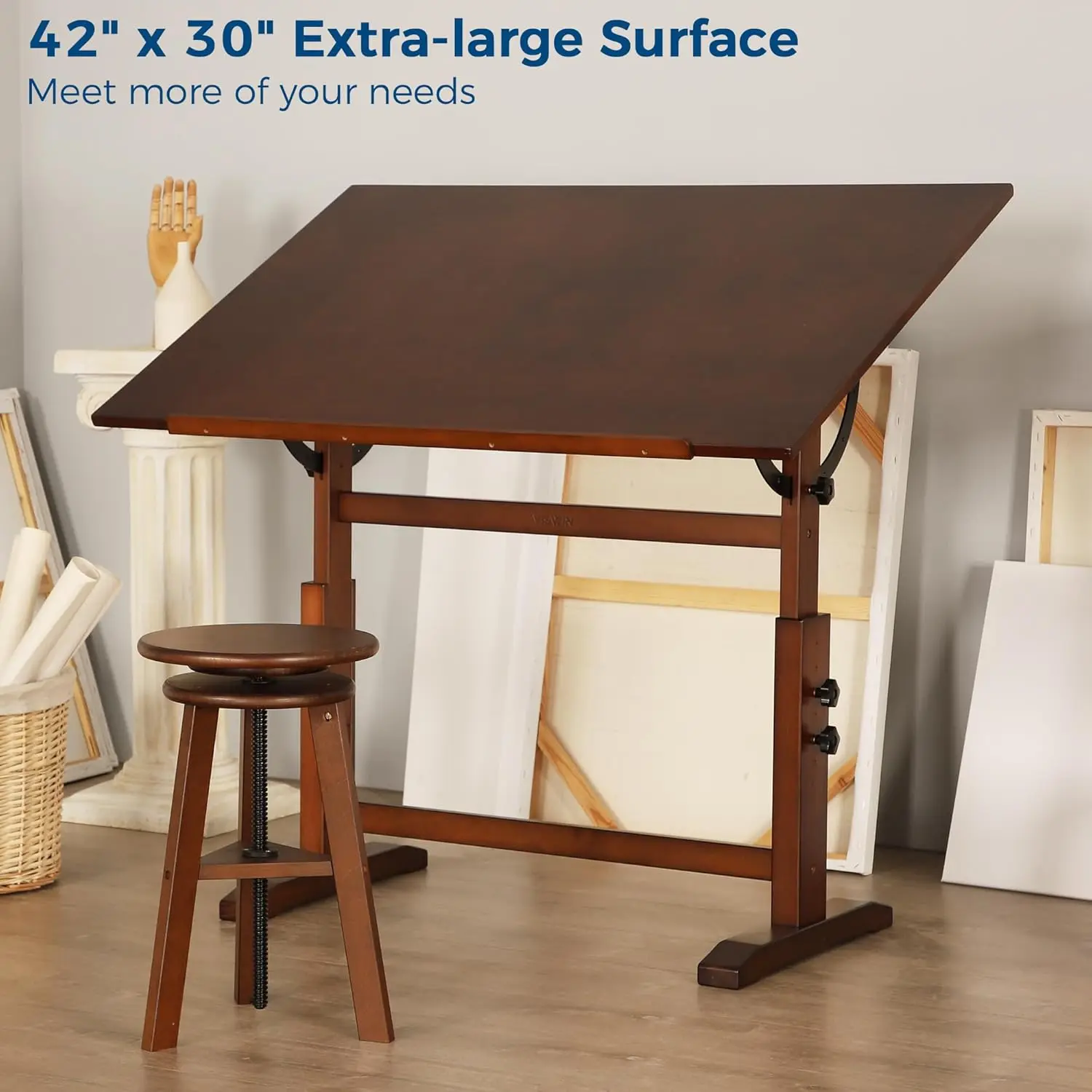 30" x 42"  -Large Artist Drafting Table, Adjustable Height & Angle, Solid Pine Wood Drawing Table, Art Table for Adul