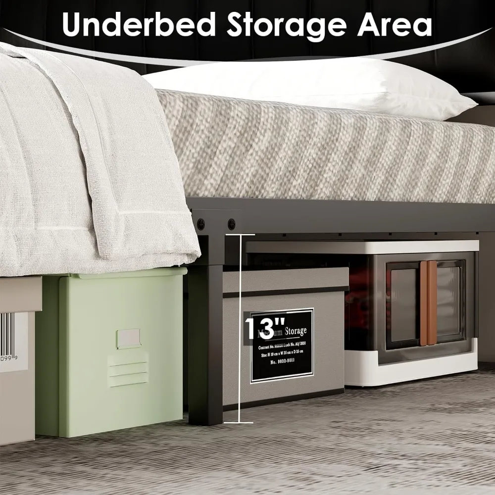 Platform Bed Frame, LED Bed Frame with PU Leather & Charging Station, 2-Tier Storage Headboard/No Box Spring Needed/Noise Free