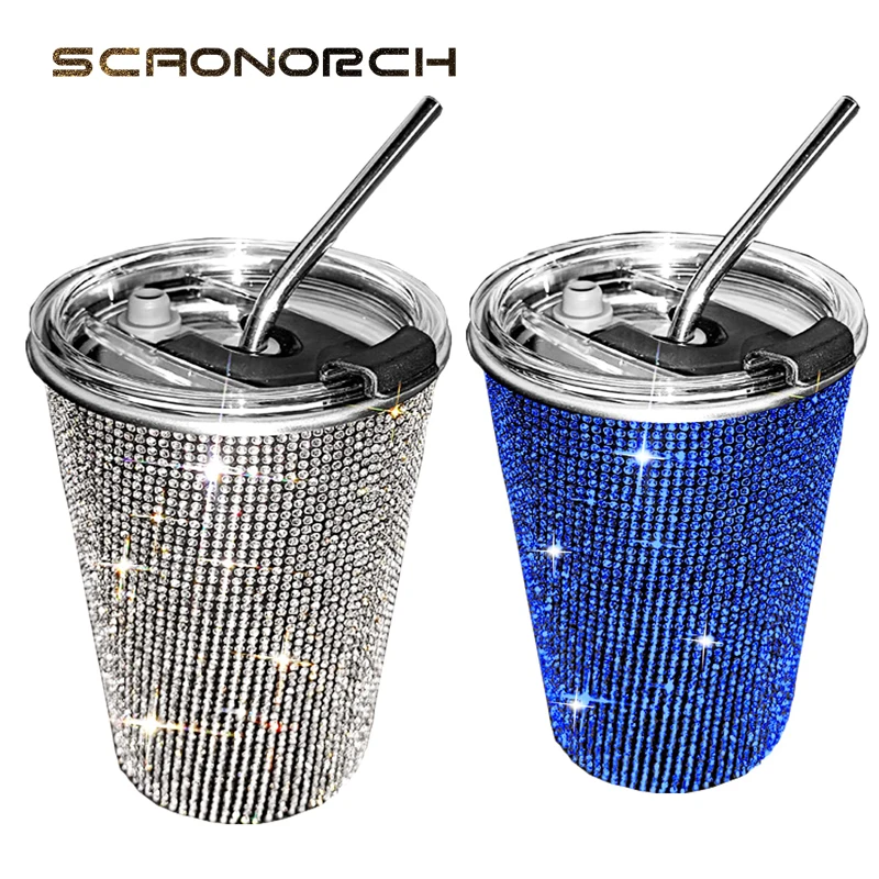 16.9oz Bling Diamond Straw Cup Rhinestone Stainless Steel Coffee Cups with Lid Glitter Car Auto Water Bottle for Women Girl Gift