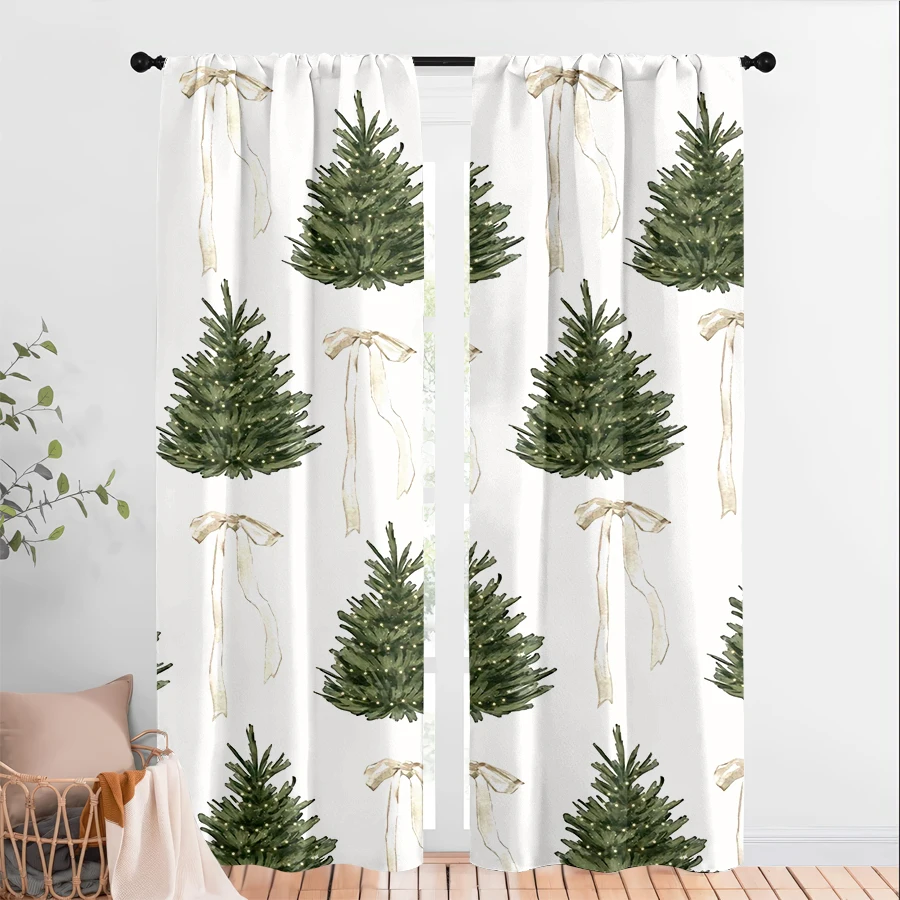 2PCS Digital Print Curtains, Watercolor Christmas Trees Beige Bow Ribbons Repeating on Cream, Soft Minimalist Style - Christmas