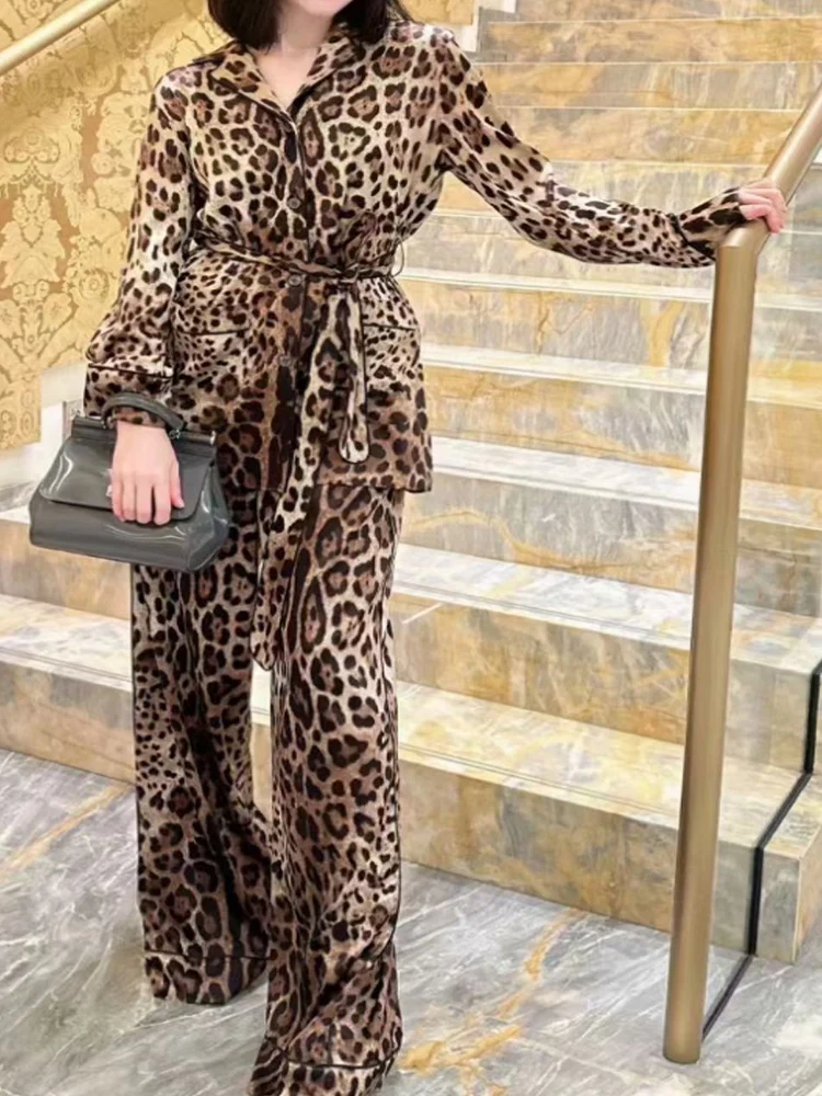 Autumn new Leopard print lapel long sleeve lace-up shirt women's two-piece suit+high waist wide leg trousers fashion suit