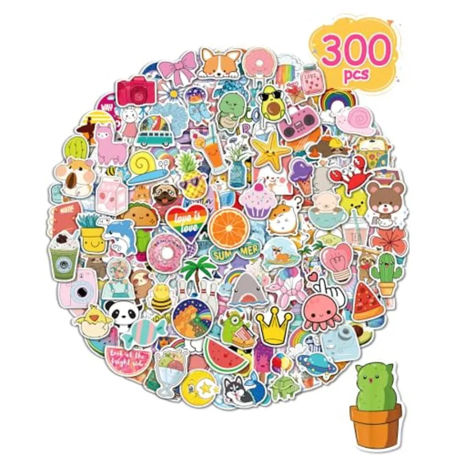 300 Pcs Cute Vinyl Waterproof Stickers for Water Bottles Laptop School and Classroom Use Ideal for Students Teens Girls Teacher