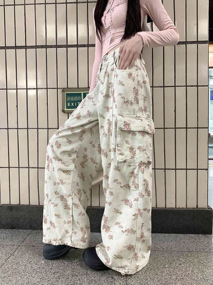 REDDACHiC Cutecore Floral Cargo Jeans Cottagecore Multi-pocket Loose Low Waist Wide Leg Denim Joggers Lounge Woman Streetwear