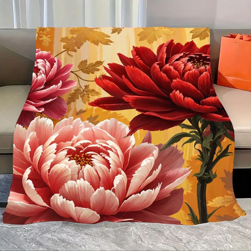 

1pc Flannel Blanket Vibrant Floral Peony Blanket for Cozy Living Room Decor