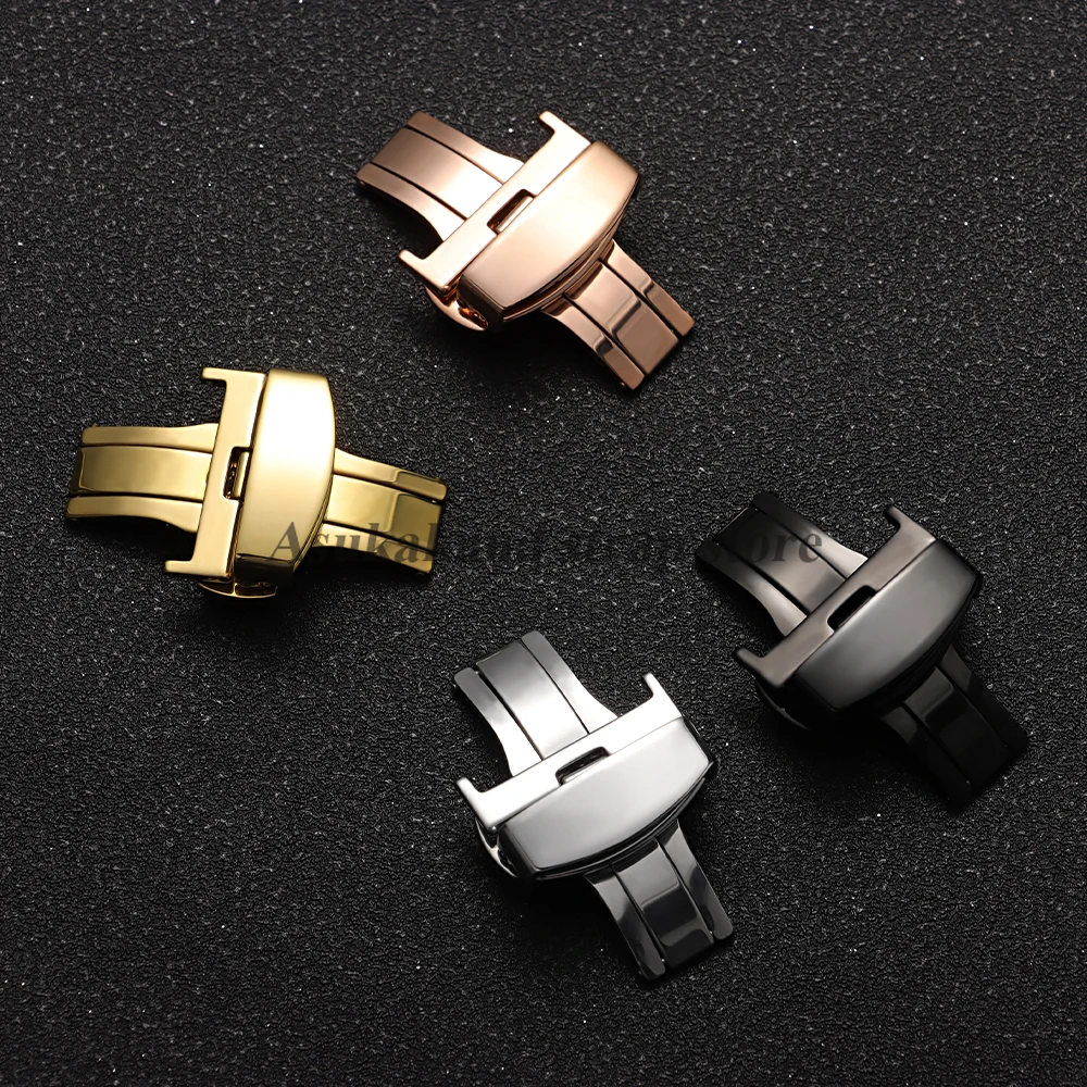 10mm 12mm 14mm 16mm 18mm 20mm 22mm fivela borboleta de aço inoxidável polido botão bloqueio pulseira de relógio de couro fecho de metal