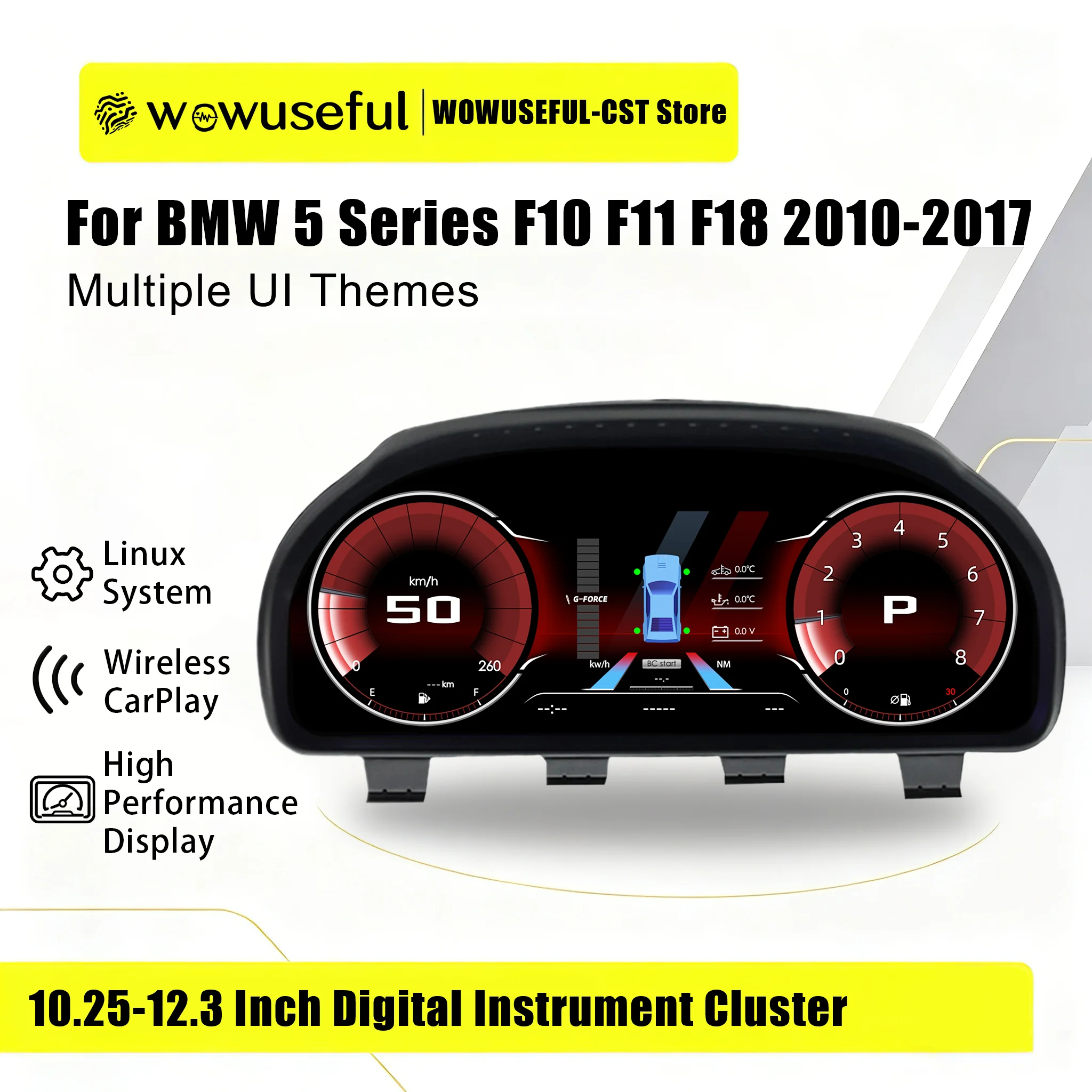 WOWUSEFUL Virtuelles Cockpit-Dashboard für BMW 5er-Reihe F10 F11 F18 Baujahre 2010-2017 Digitaler Tachometer Instrumententafel