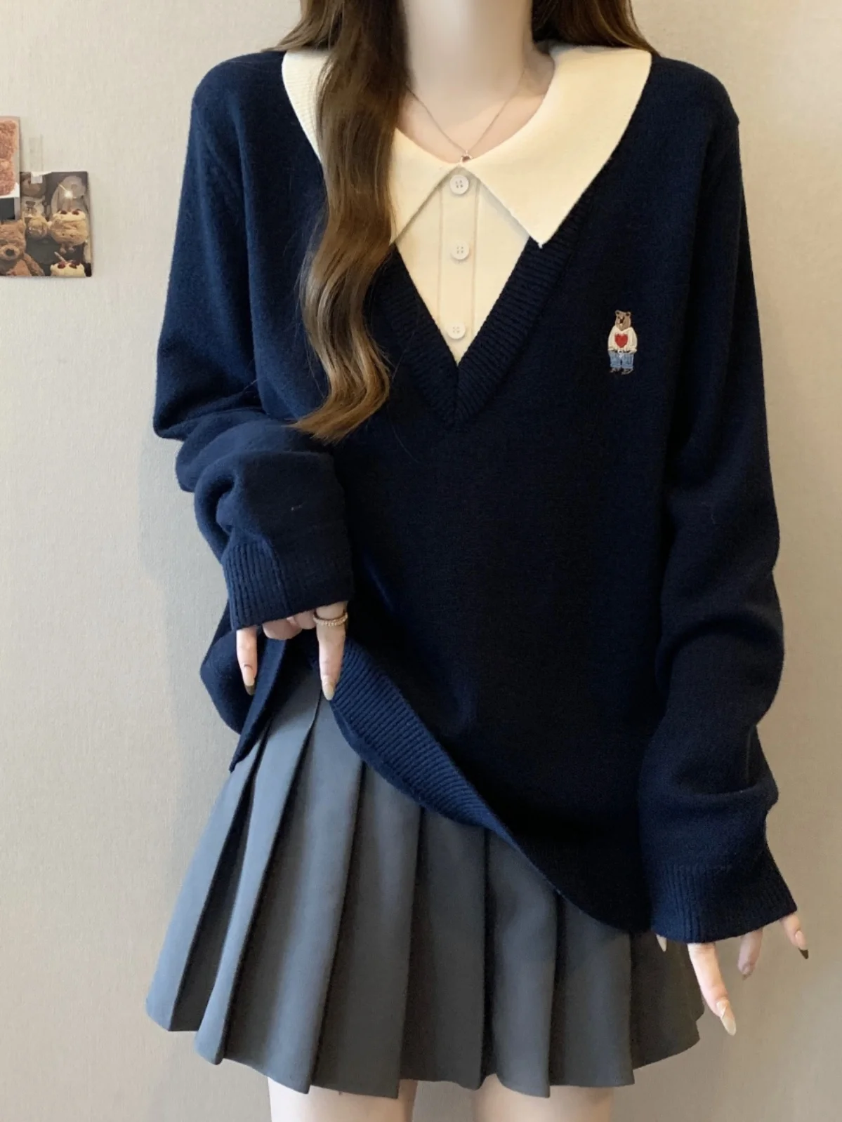 

plus Size Knitted Neck Sweater Women's Autumn Winter Loose Fitting Base Layer Shirt Shoulder Padded Color Block Top