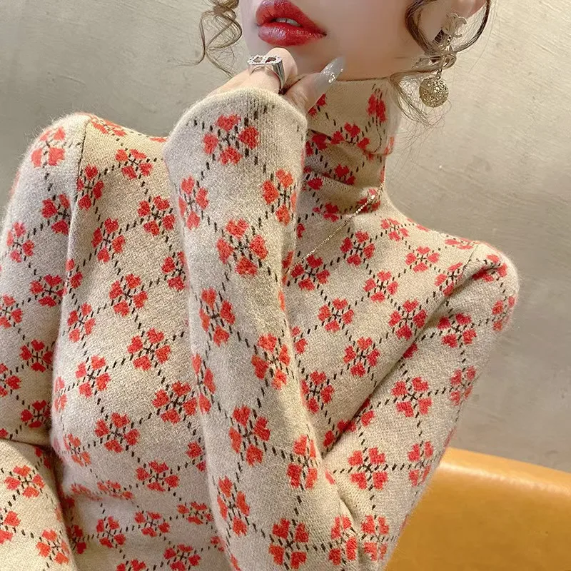 Women's Clothing Fashion All-match Turtleneck Knit Pullovers Autumn Winter New Elegant Floral Pattern Long Sleeve Sweaters Tops